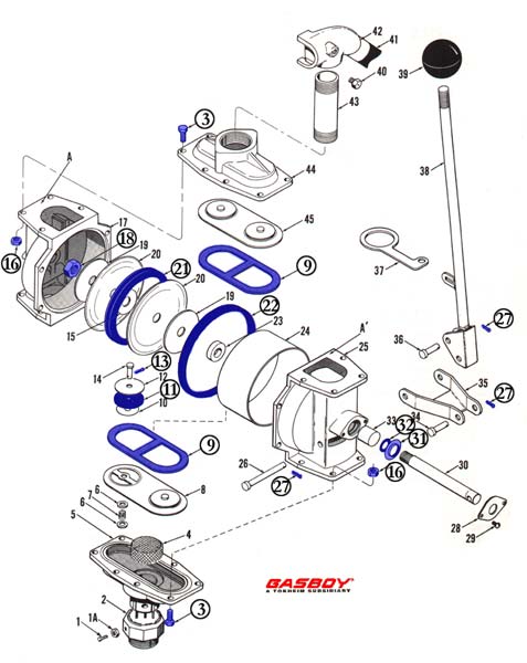 Gasboy Model 300 Hand Pump Parts and Rebuild Kit - exploded diagram